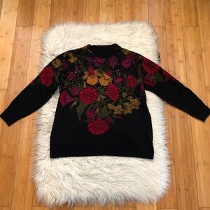 Vintage Floral Gemstone Fall Red Yellow Black Womens Knit Sweater size M/L
